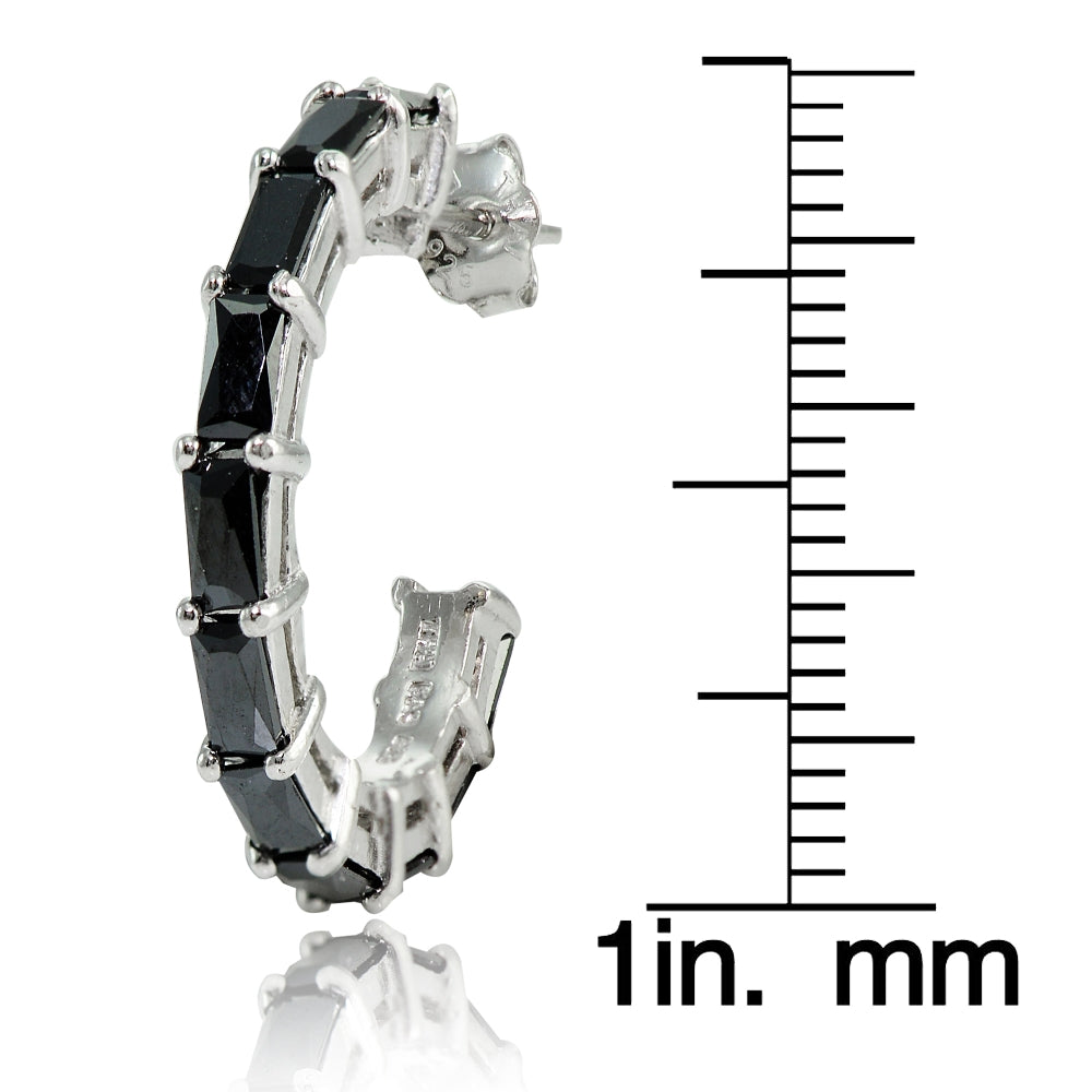 Sterling Silver Black Cubic Zirconia Baguette Cut Half Hoop Earrings-3