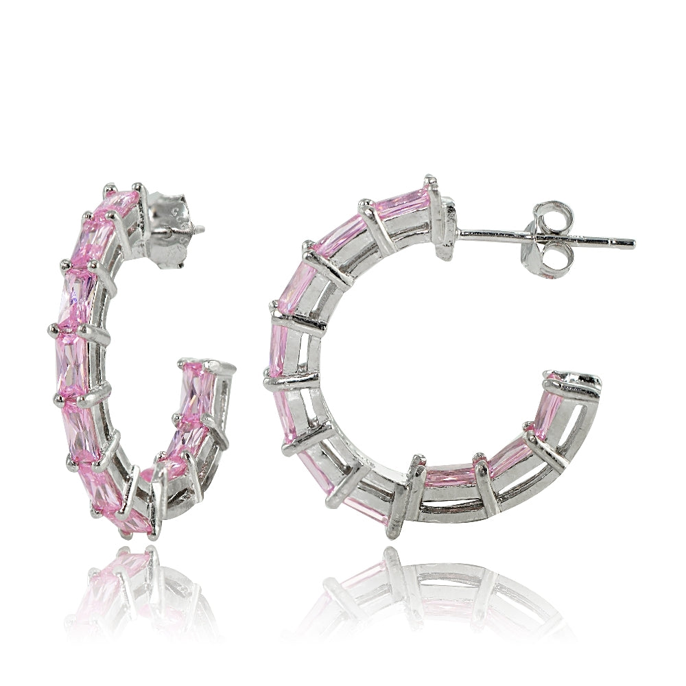 Sterling Silver Light Pink Cubic Zirconia Baguette Cut Half Hoop Earrings
