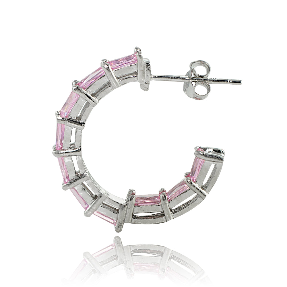 Sterling Silver Light Pink Cubic Zirconia Baguette Cut Half Hoop Earrings-2