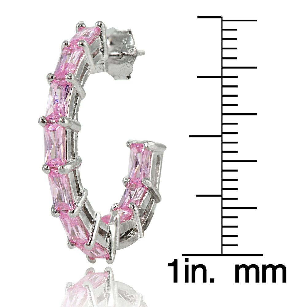 Sterling Silver Light Pink Cubic Zirconia Baguette Cut Half Hoop Earrings-3