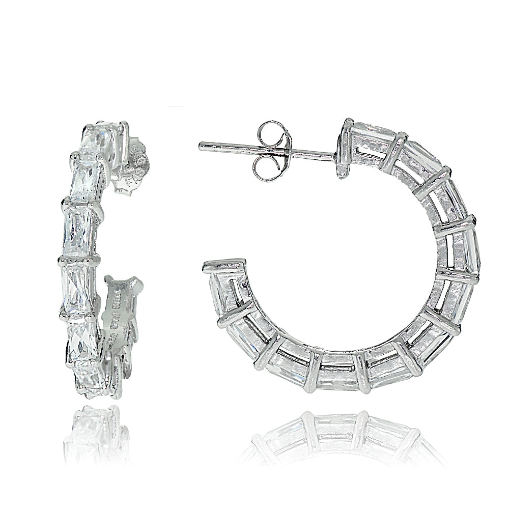 Sterling Silver Cubic Zirconia Baguette Cut Half Hoop Earrings