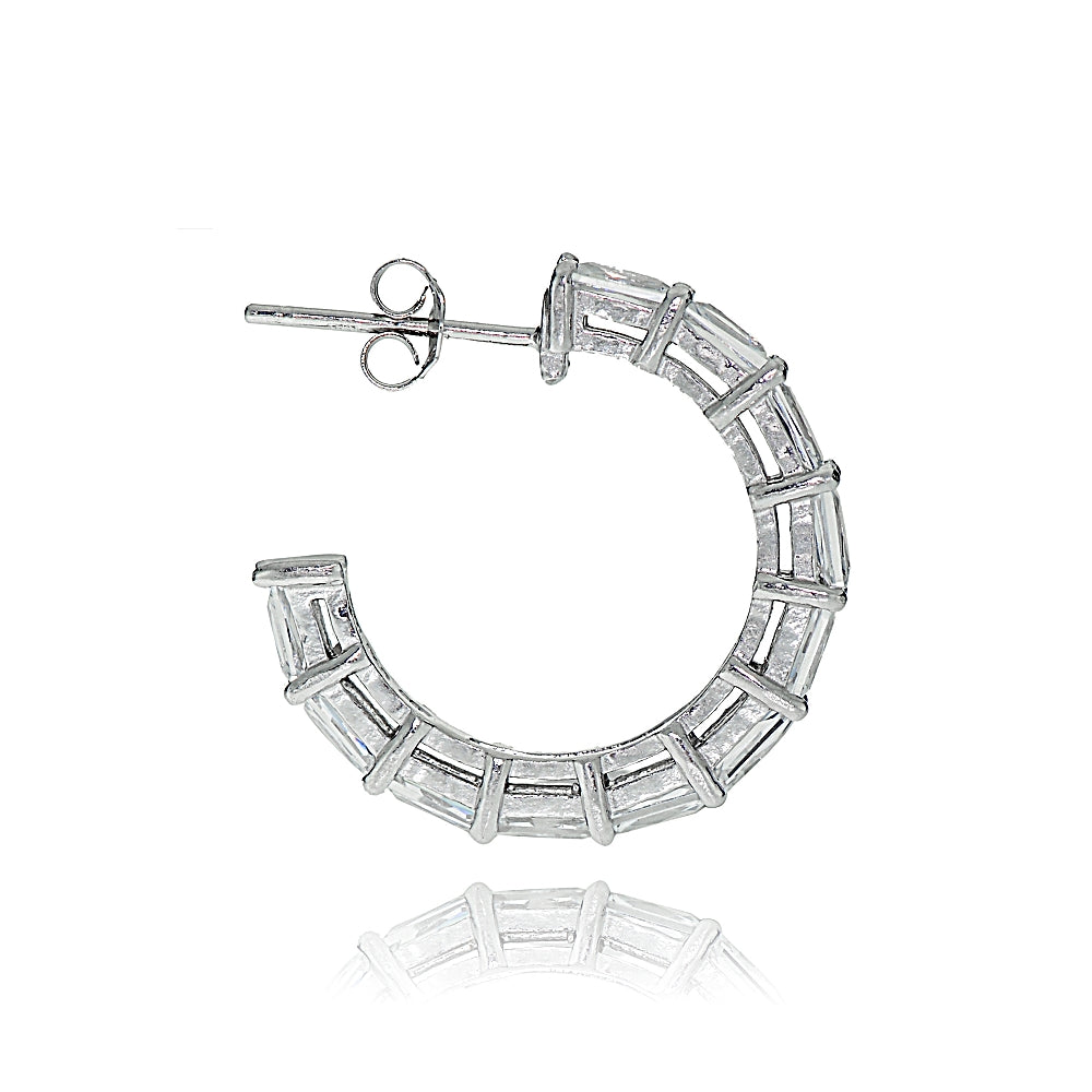 Sterling Silver Cubic Zirconia Baguette Cut Half Hoop Earrings-2