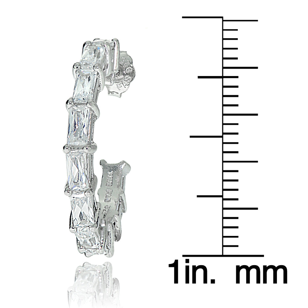 Sterling Silver Cubic Zirconia Baguette Cut Half Hoop Earrings-3