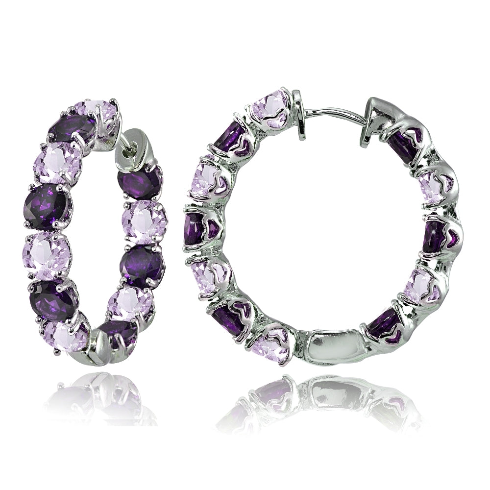 Sterling Silver African Amethyst and Amethyst 5mm Hoop Earrings