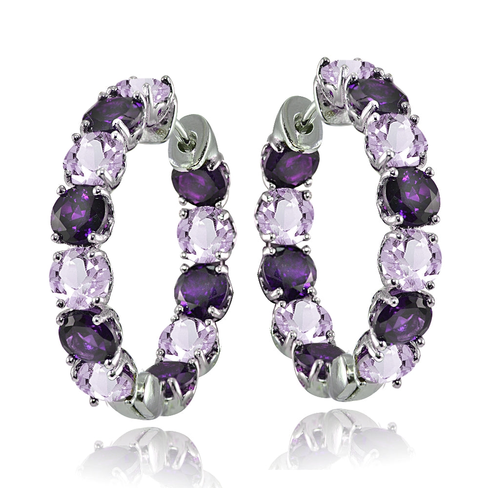 Sterling Silver African Amethyst and Amethyst 5mm Hoop Earrings-2