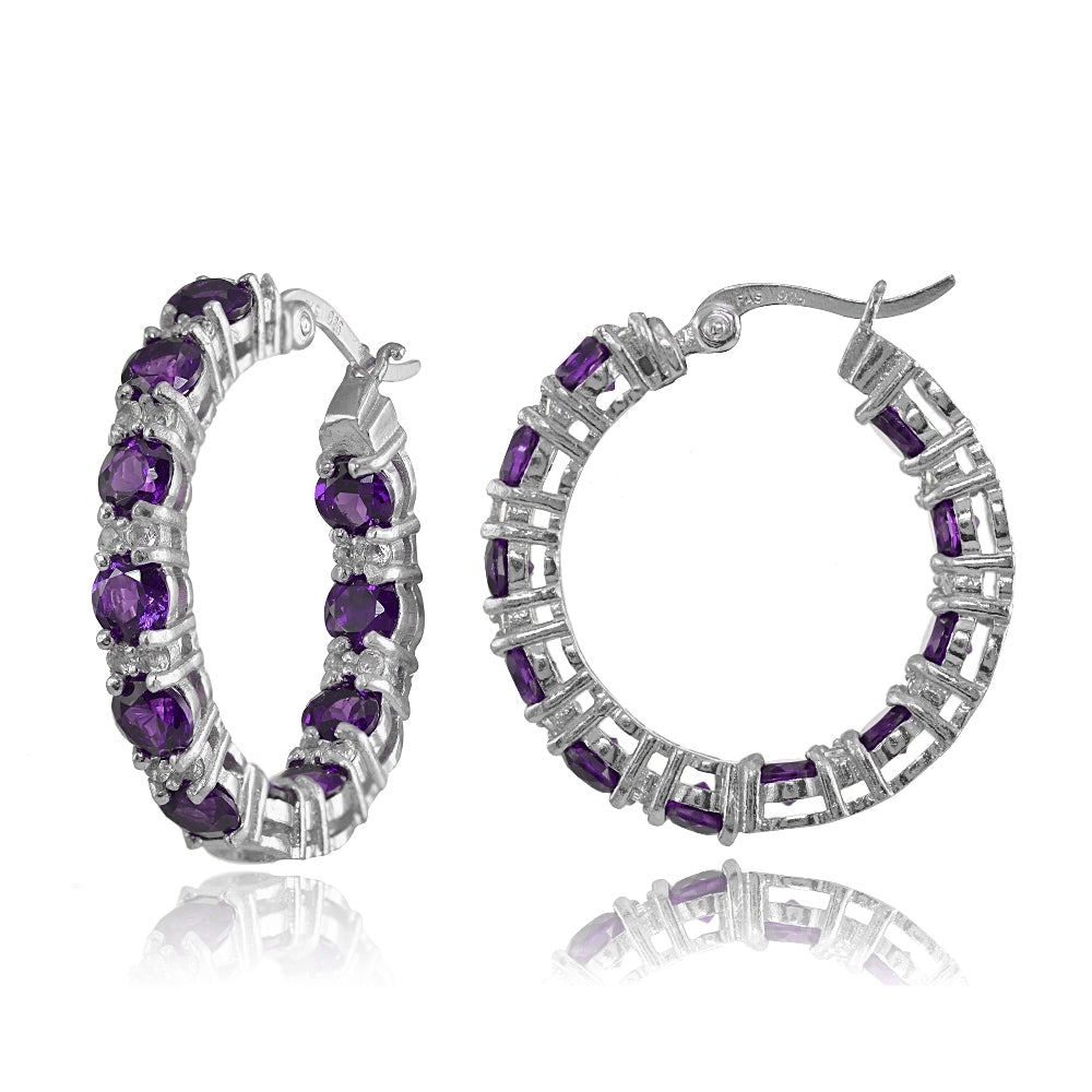 Sterling Silver African Amethyst & White Topaz Round Hoop Earrings
