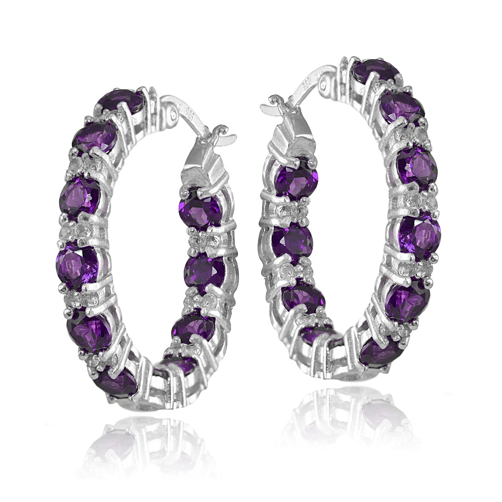 Sterling Silver African Amethyst & White Topaz Round Hoop Earrings-2