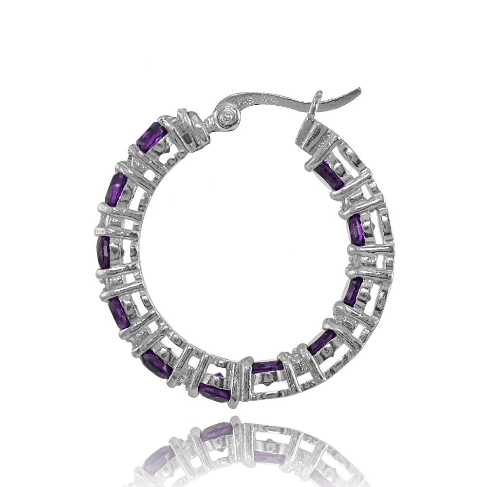 Sterling Silver African Amethyst & White Topaz Round Hoop Earrings-3
