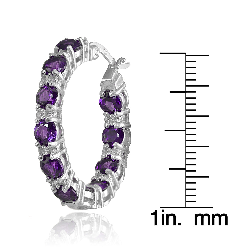 Sterling Silver African Amethyst & White Topaz Round Hoop Earrings-4