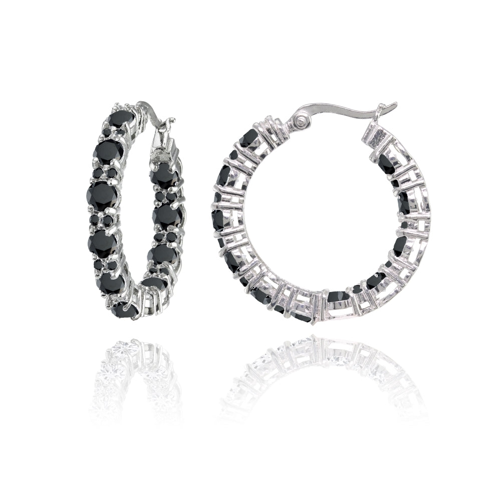 Sterling Silver Black Cubic Zirconia Inside Out 28mm Round Hoop Earrings