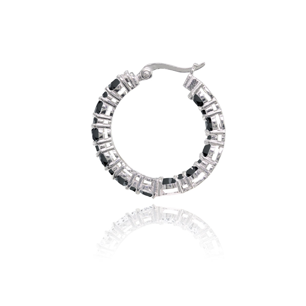 Sterling Silver Black Cubic Zirconia Inside Out 28mm Round Hoop Earrings-2