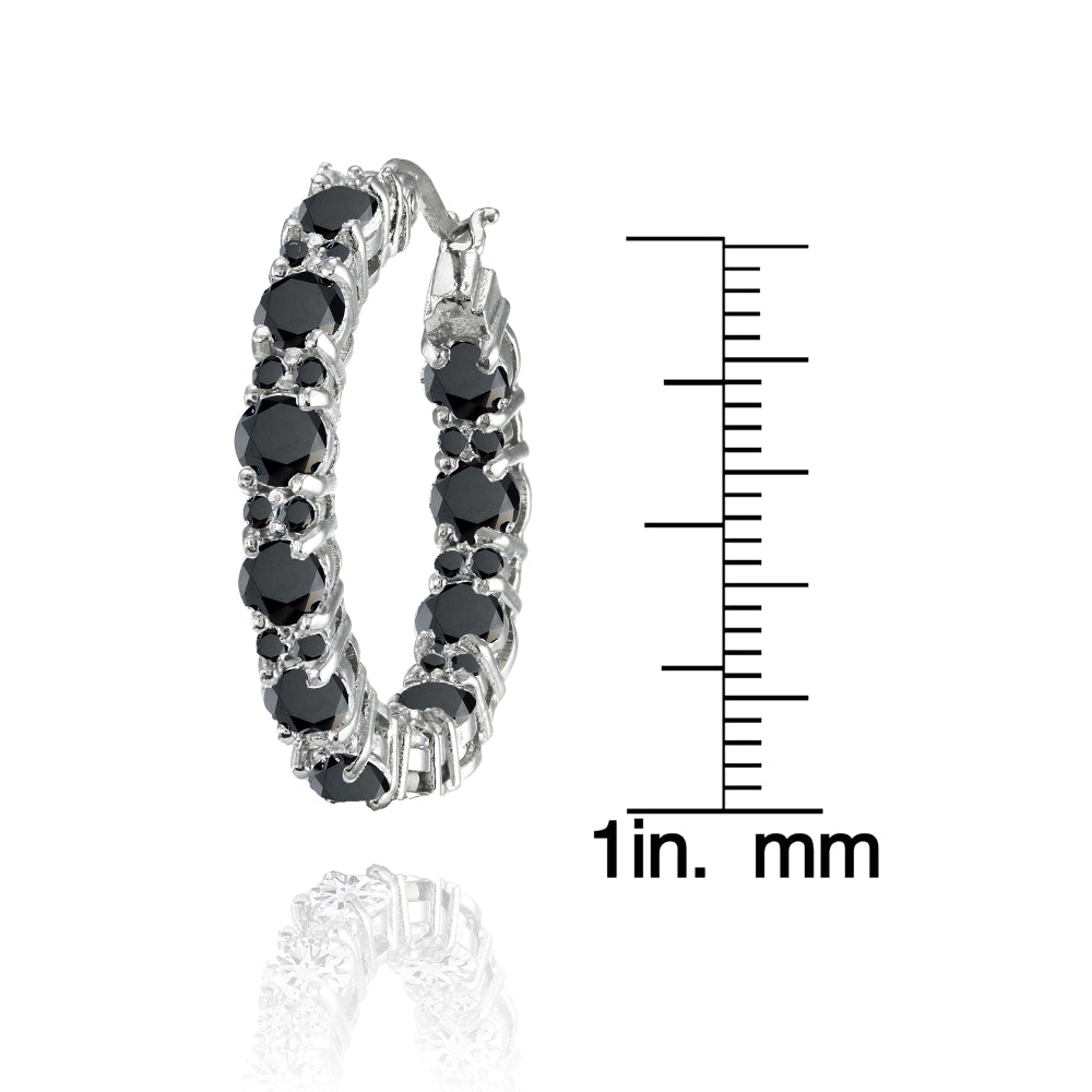 Sterling Silver Black Cubic Zirconia Inside Out 28mm Round Hoop Earrings-3