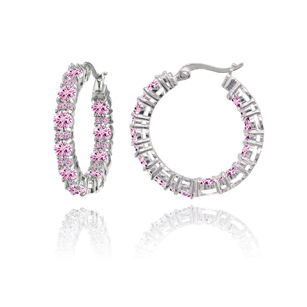 Sterling Silver Light Pink Cubic Zirconia Inside Out 28mm Round Hoop Earrings