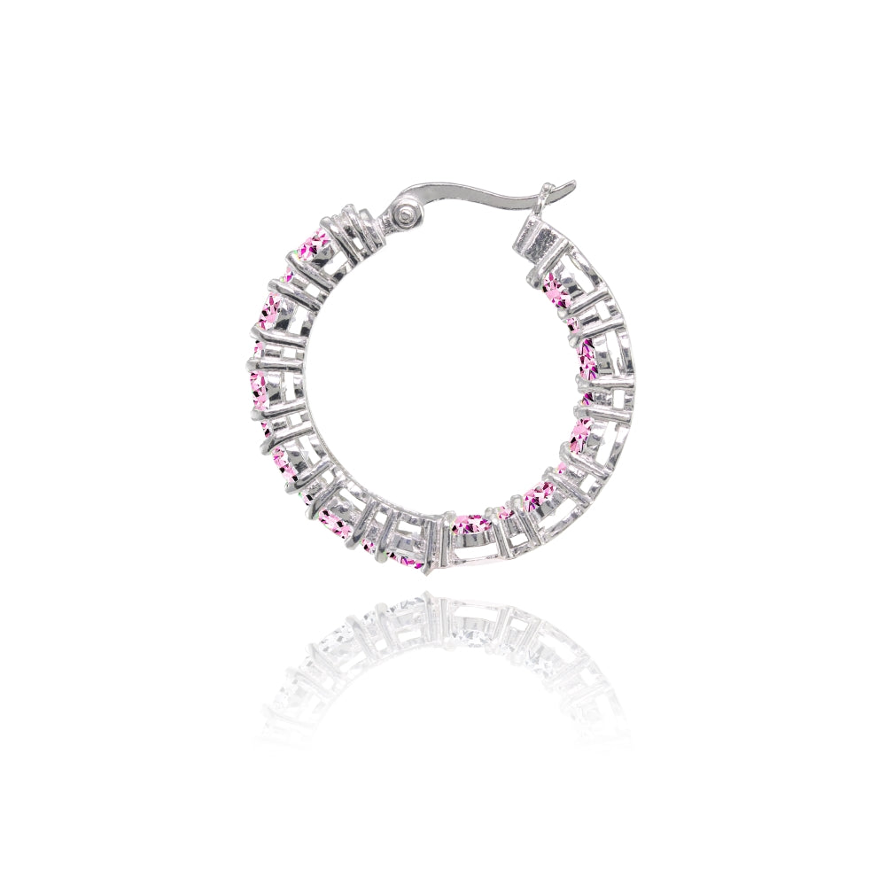 Sterling Silver Light Pink Cubic Zirconia Inside Out 28mm Round Hoop Earrings-2