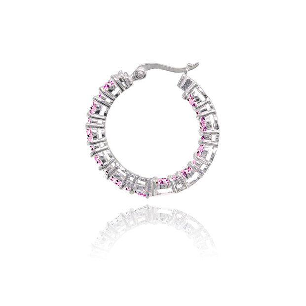 Sterling Silver Light Pink Cubic Zirconia Inside Out 28mm Round Hoop Earrings