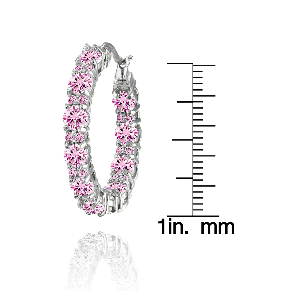 Sterling Silver Light Pink Cubic Zirconia Inside Out 28mm Round Hoop Earrings-3