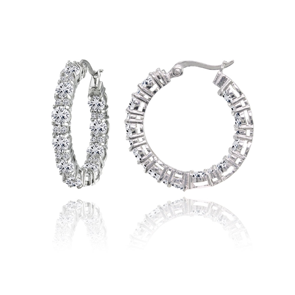 Sterling Silver Cubic Zirconia Inside Out 28mm Round Hoop Earrings