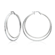 Sterling Silver Double Circle Square-Tube Diamond Cut 40mm Round Hoop Earrings