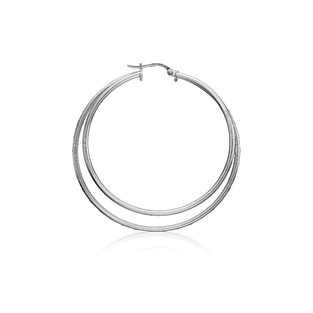 Sterling Silver Double Circle Square-Tube Diamond Cut 40mm Round Hoop Earrings-2