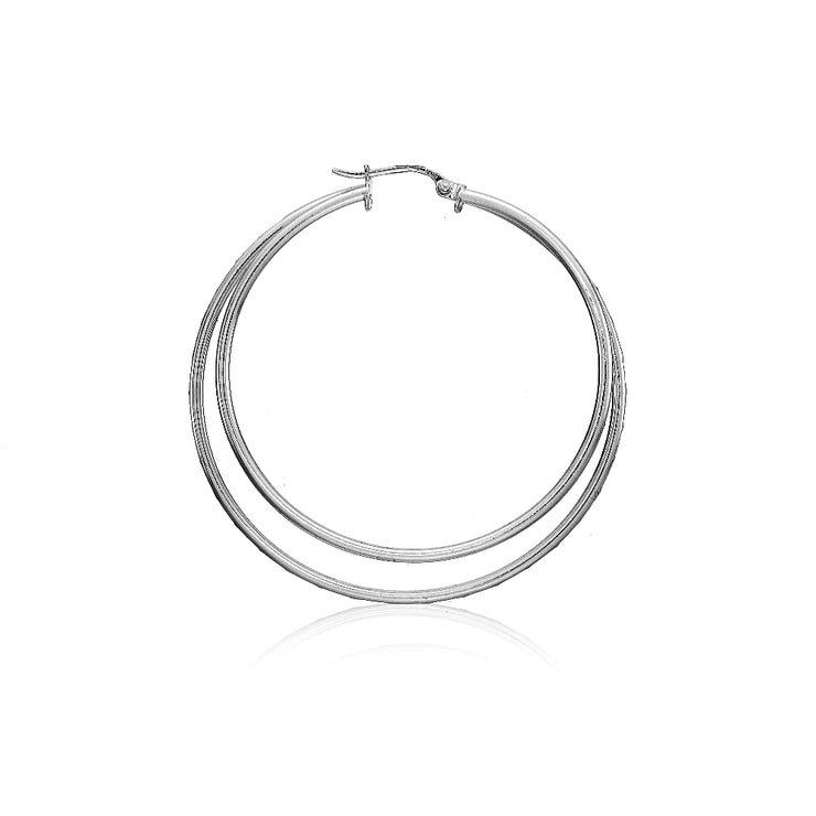 Sterling Silver Double Circle Square-Tube Diamond Cut 40mm Round Hoop Earrings