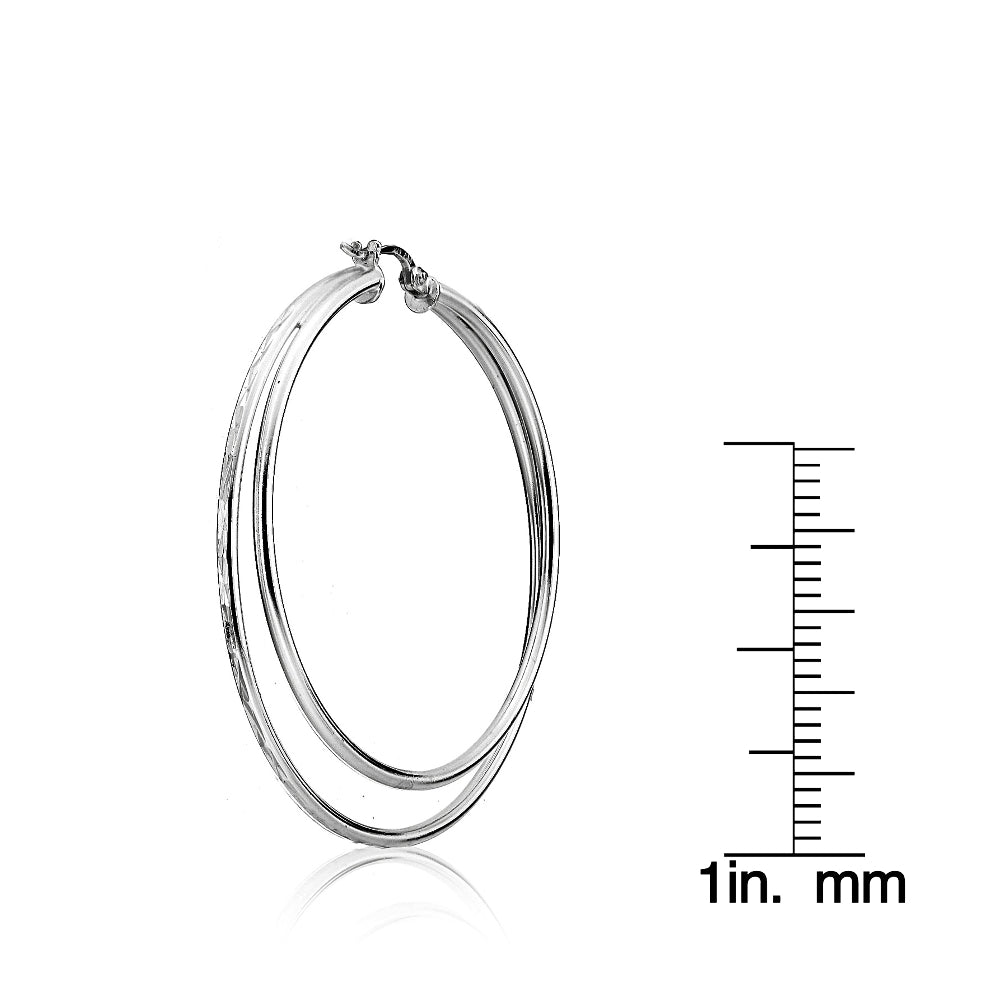Sterling Silver Double Circle Square-Tube Diamond Cut 40mm Round Hoop Earrings-3