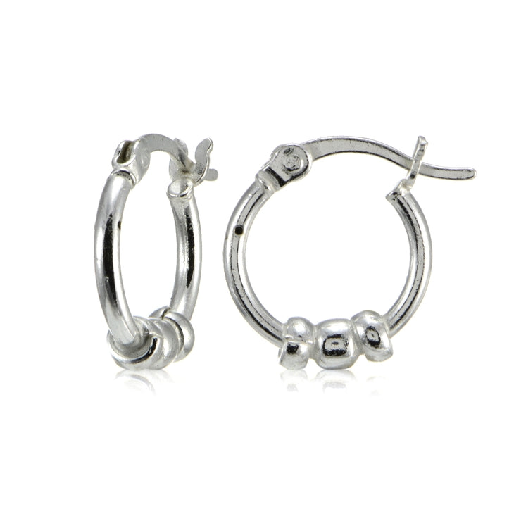 Sterling Silver 14mm Beaded Round Small Hoop Earrings for Girls and Women