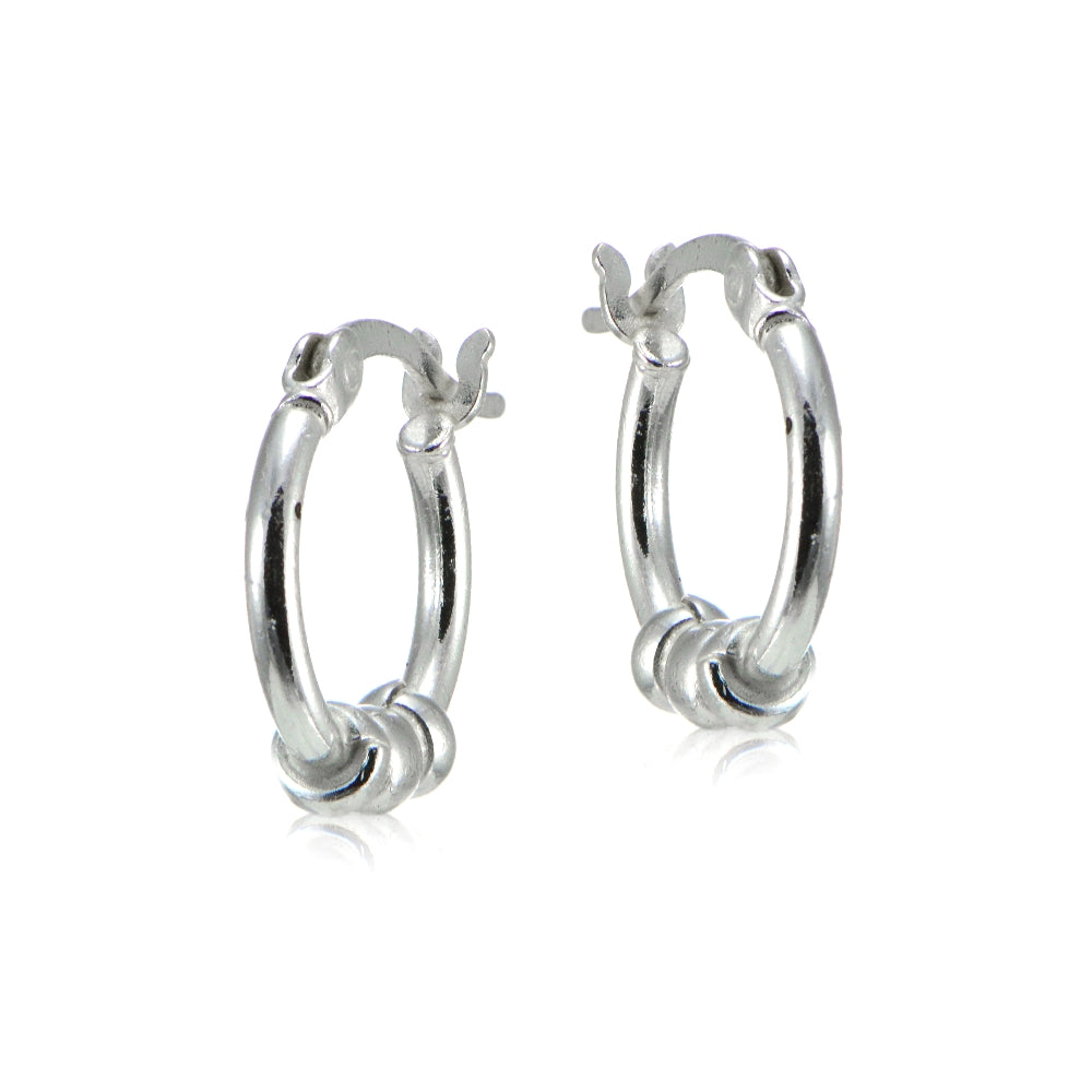 Sterling Silver 14mm Beaded Round Small Hoop Earrings for Girls and Women-2