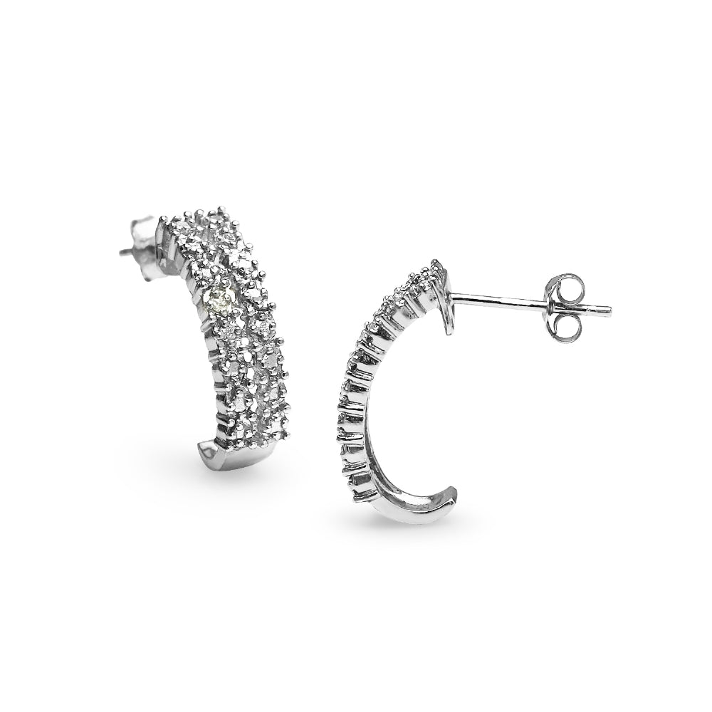 Sterling Silver Pave Diamond Accent Half Hoop Huggie Earrings, JK-I3-2