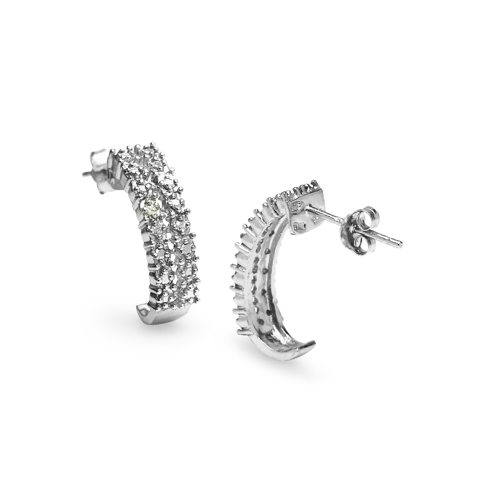 Sterling Silver Pave Diamond Accent Half Hoop Huggie Earrings, JK-I3-3