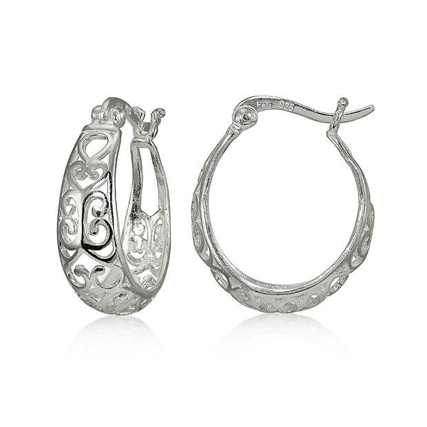 Sterling Silver High Polished Heart Filigree Oval Hoop Earrings, 20mm