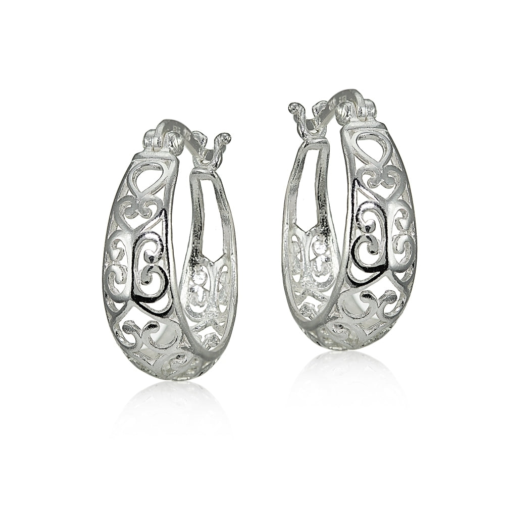 Sterling Silver High Polished Heart Filigree Oval Hoop Earrings, 20mm-2