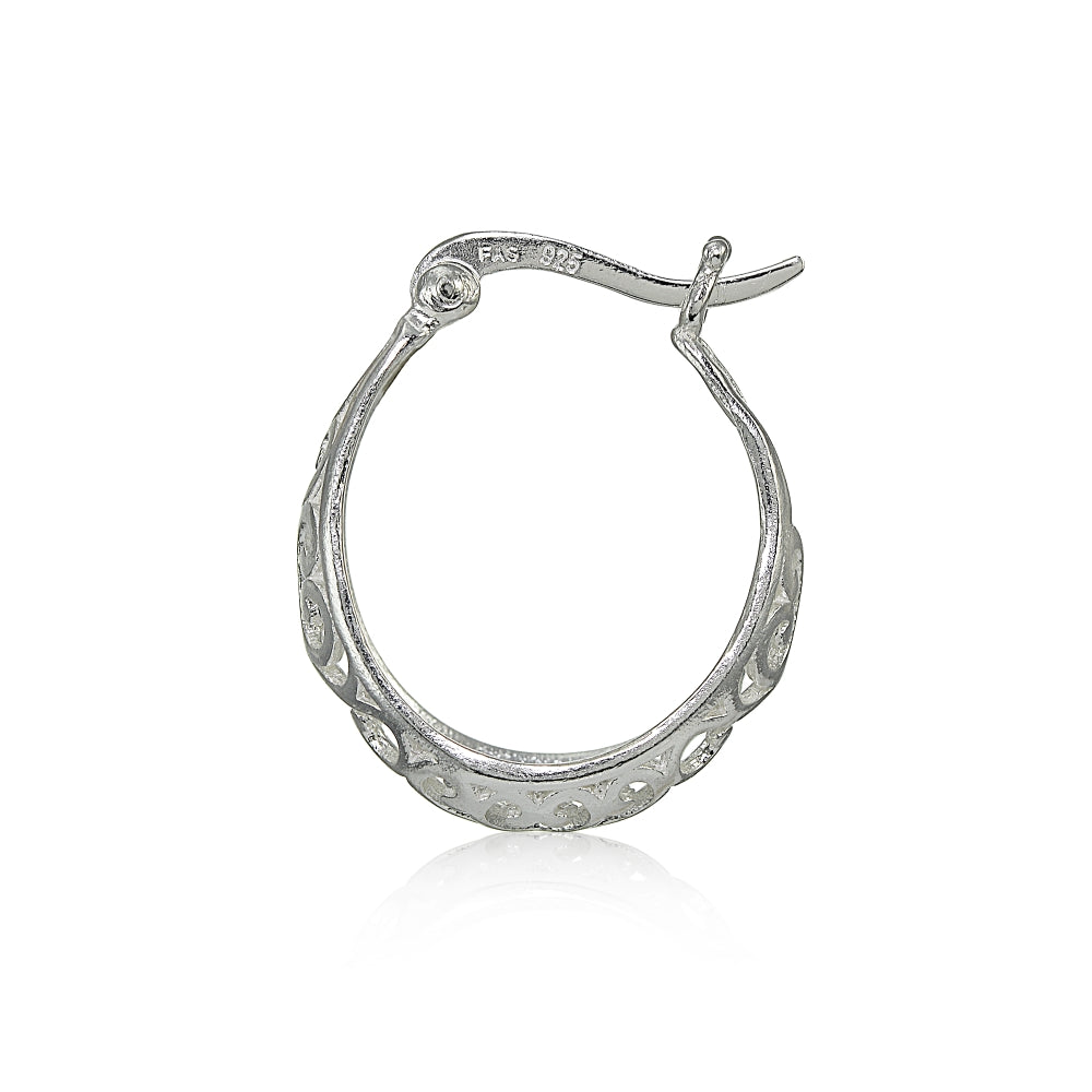 Sterling Silver High Polished Heart Filigree Oval Hoop Earrings, 20mm-3