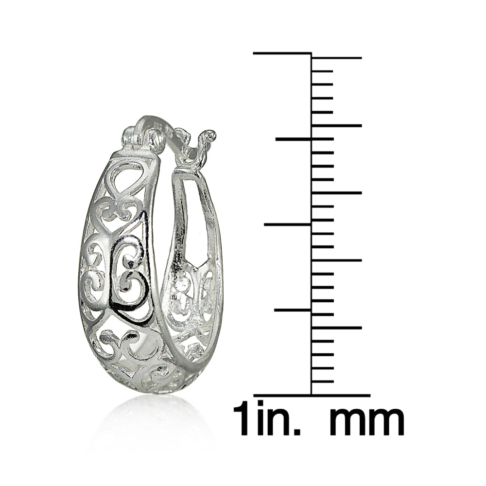 Sterling Silver High Polished Heart Filigree Oval Hoop Earrings, 20mm-4
