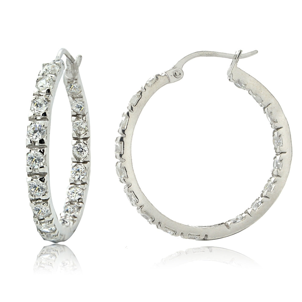 Sterling Silver Cubic Zirconia Inside Out 25mm Round Hoop Earrings