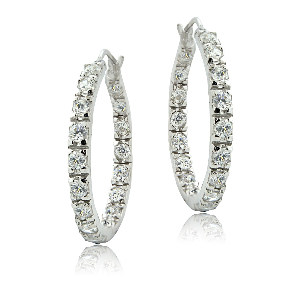Sterling Silver Cubic Zirconia Inside Out 25mm Round Hoop Earrings-2