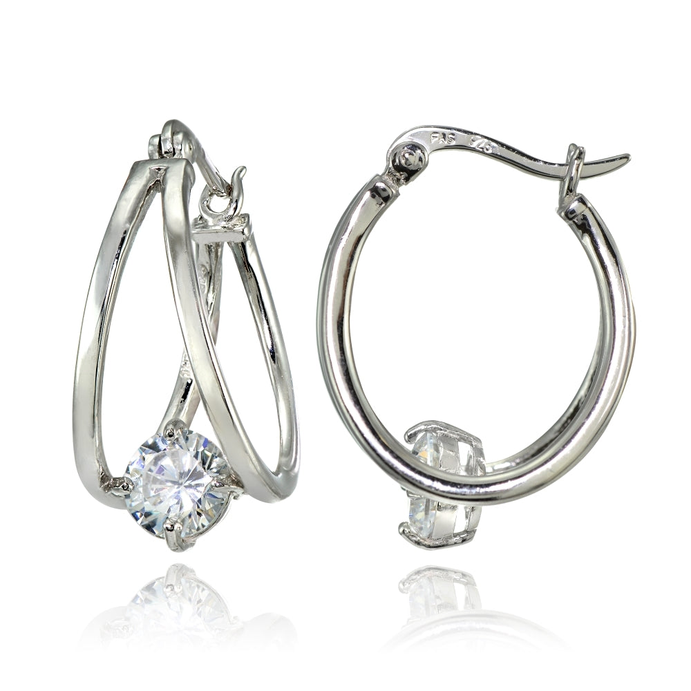 Sterling Silver Oval Double Hoop Cubic Zirconia Earrings