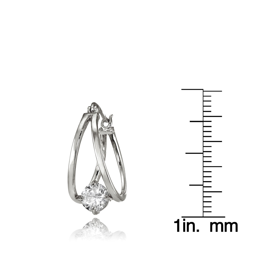 Sterling Silver Oval Double Hoop Cubic Zirconia Earrings-3