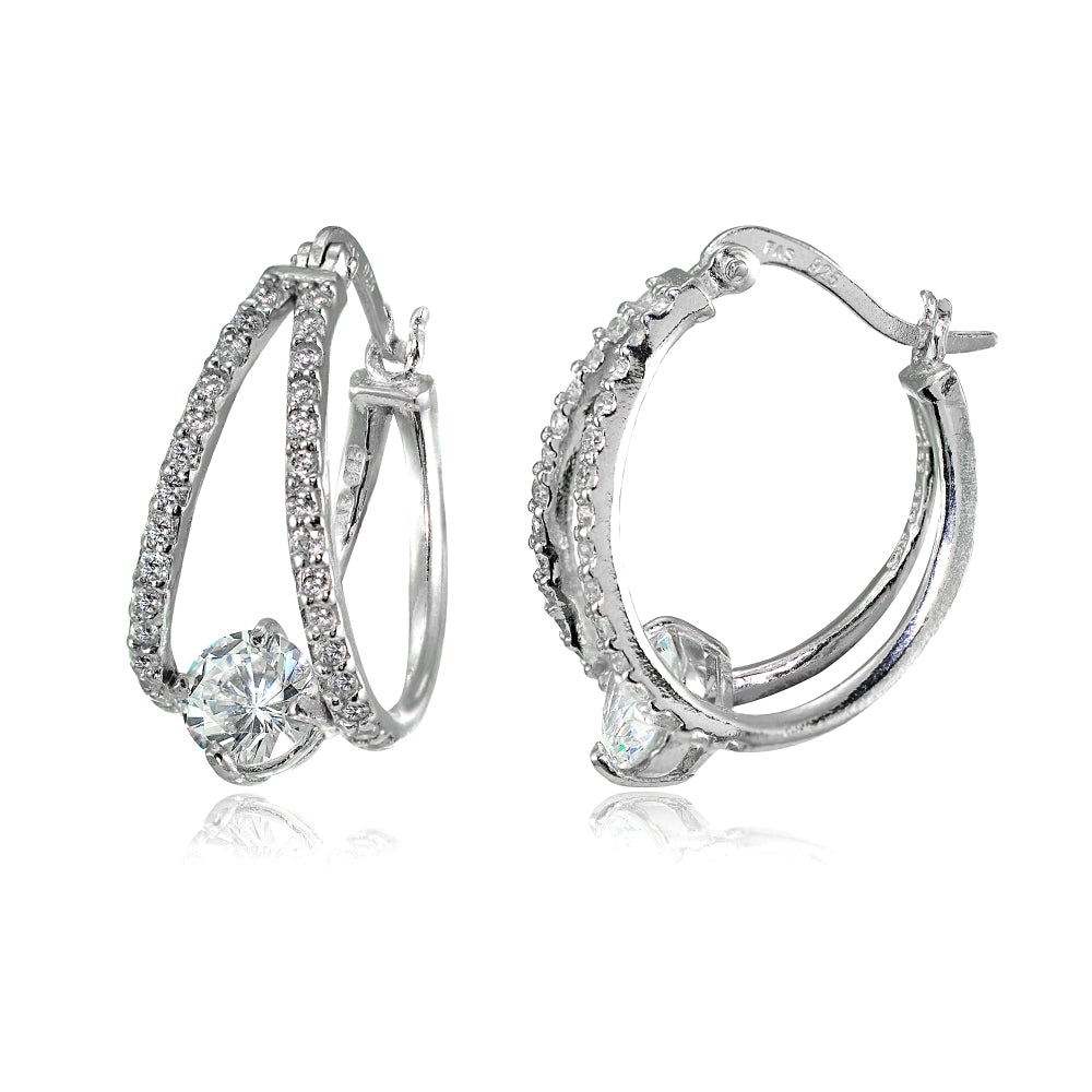 Sterling Silver Cubic Zirconia Oval Double Hoop Earrings