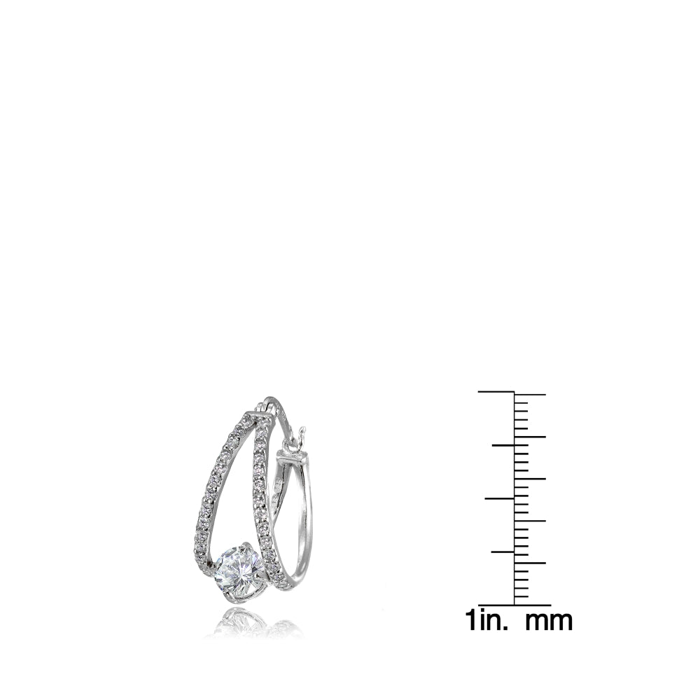 Sterling Silver Cubic Zirconia Oval Double Hoop Earrings-3