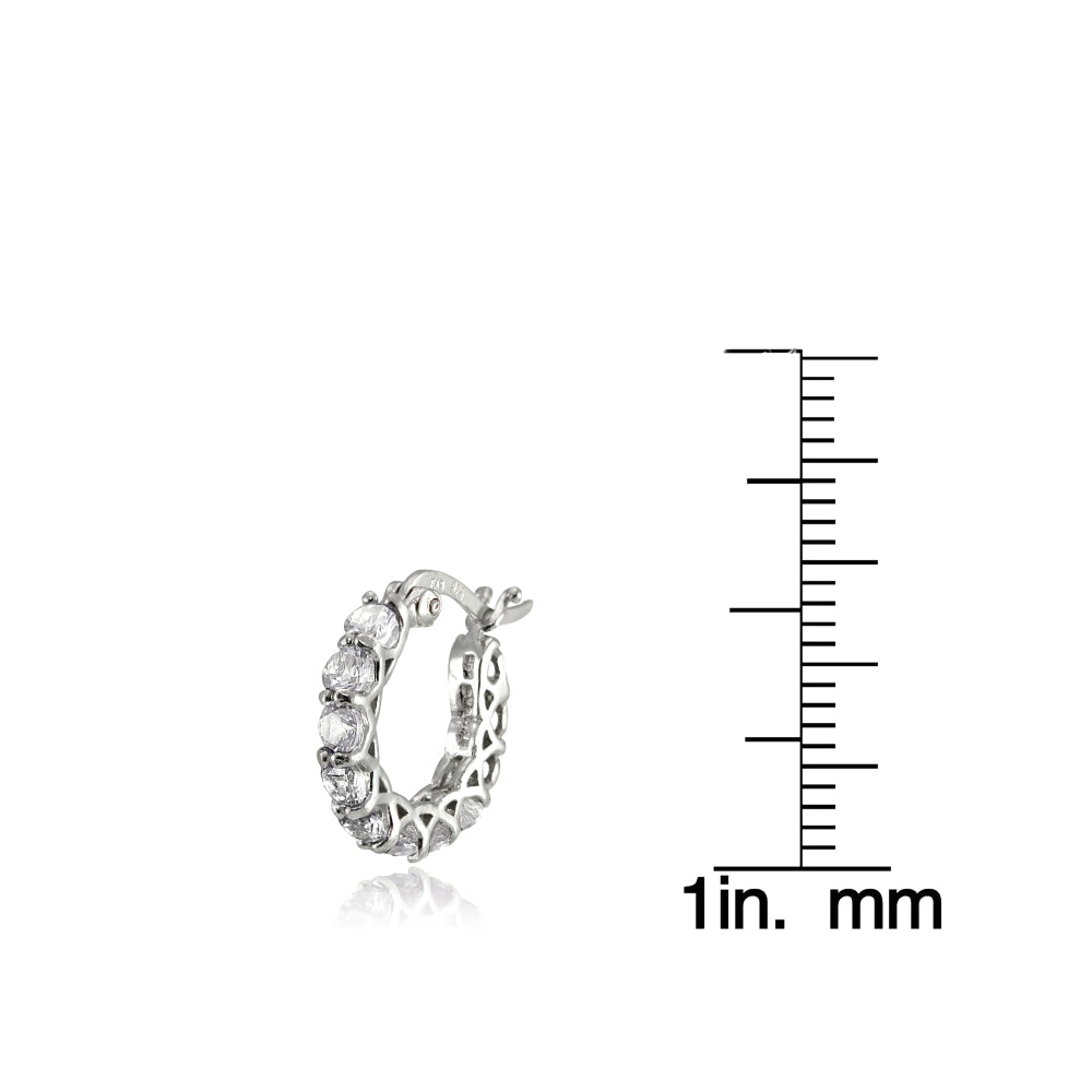 Sterling Silver Cubic Zirconia Round Huggie Hoop Earrings-3
