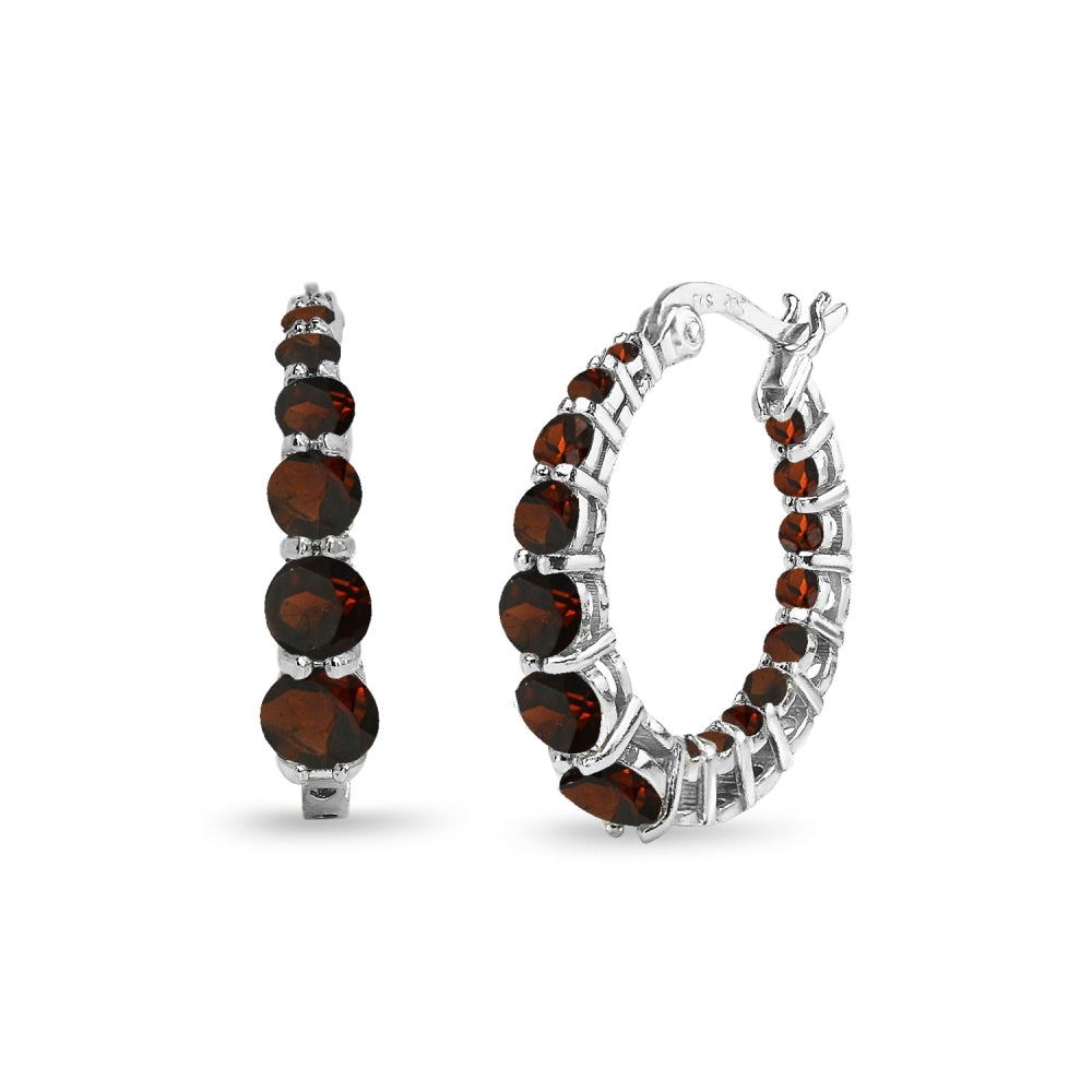 Sterling Silver Garnet Journey Inside Out Round Hoop Earrings