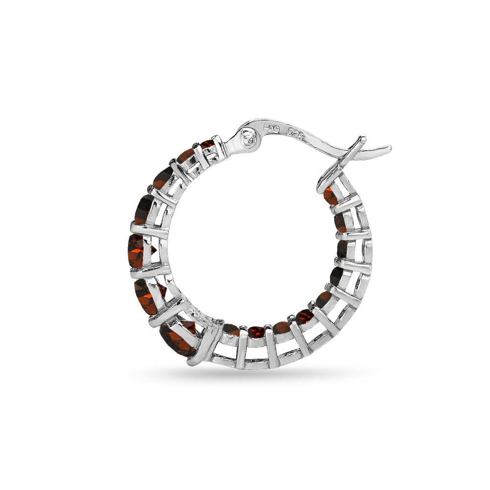 Sterling Silver Garnet Journey Inside Out Round Hoop Earrings-4
