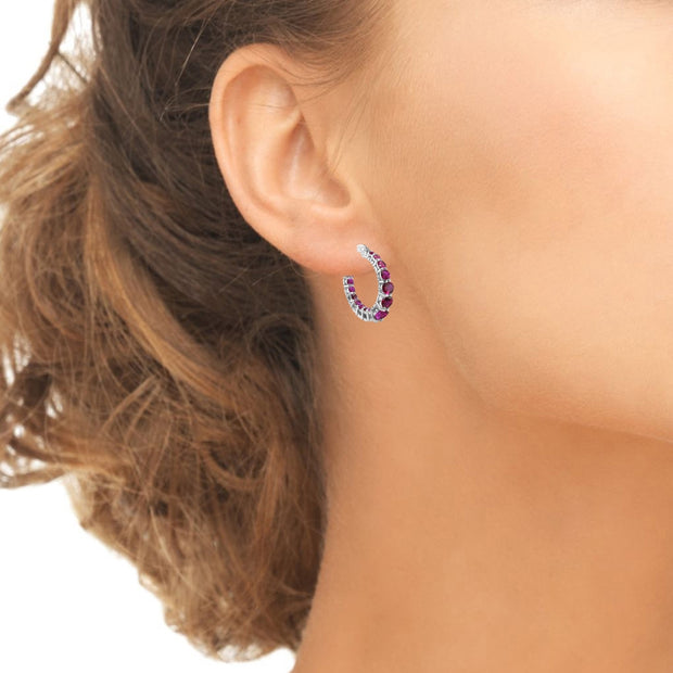 Sterling Silver Created Ruby Journey Inside Out Round Hoop Earrings