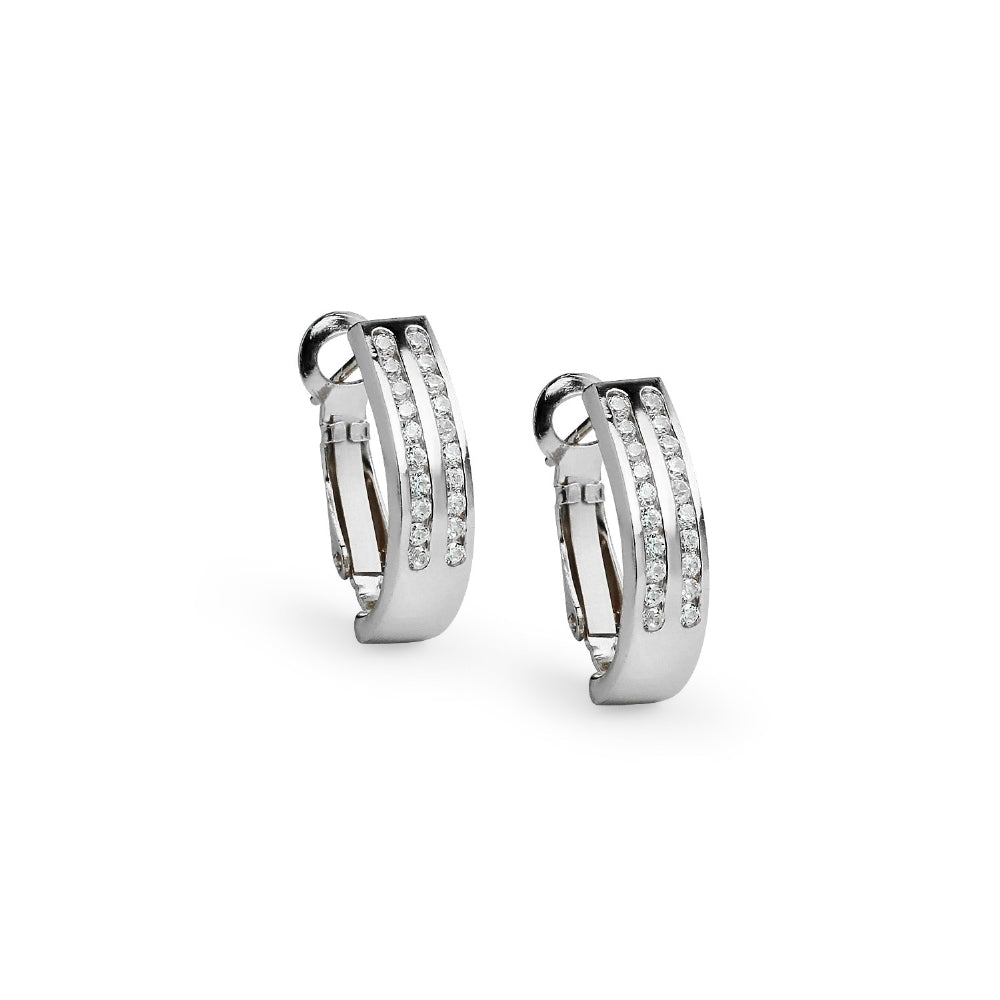 Sterling Silver Cubic Zirconia Two Row Clutchless Oval Half Hoop Earrings