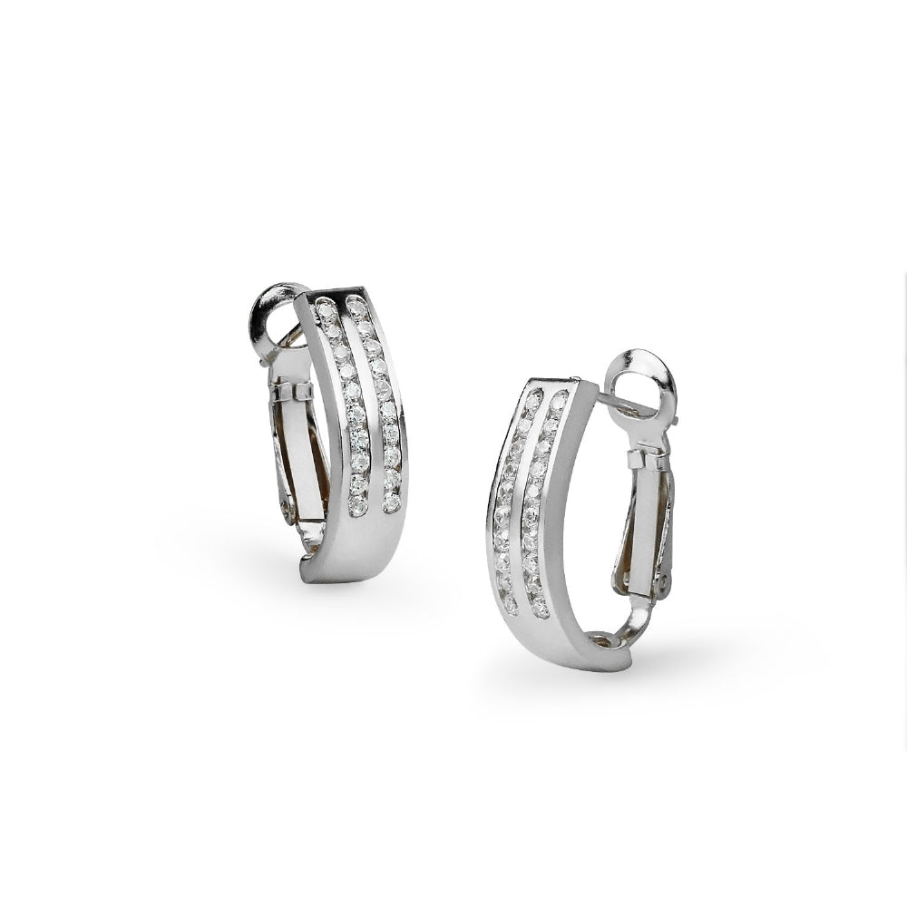 Sterling Silver Cubic Zirconia Two Row Clutchless Oval Half Hoop Earrings-2