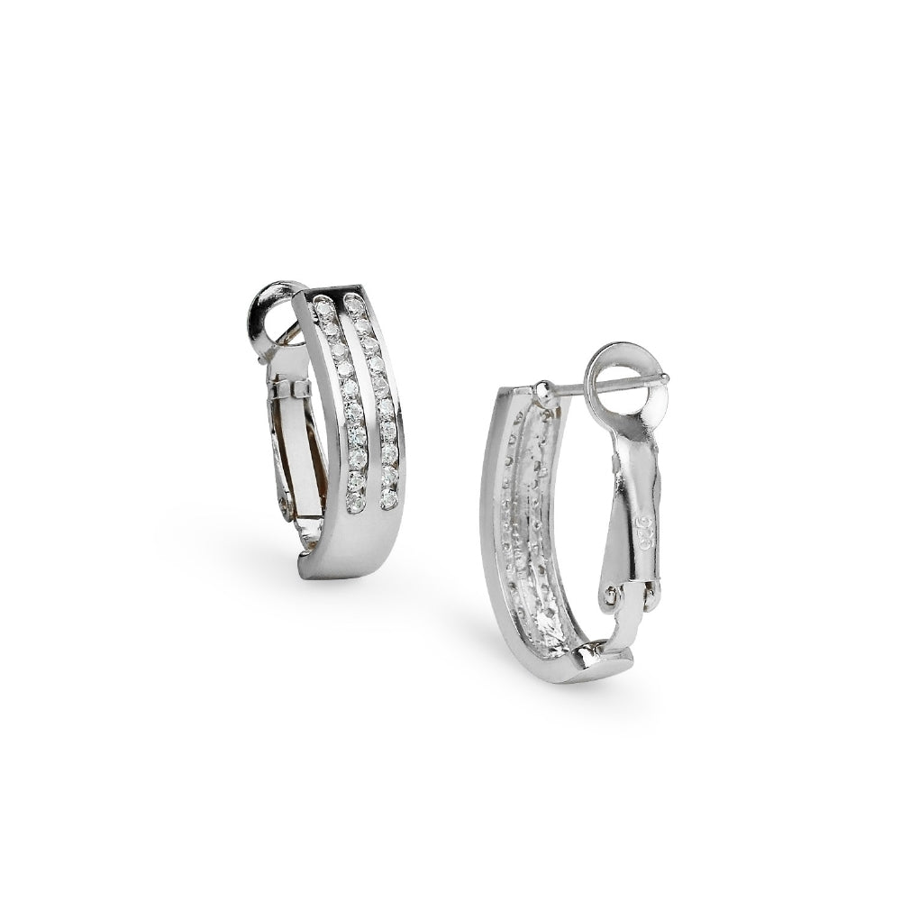 Sterling Silver Cubic Zirconia Two Row Clutchless Oval Half Hoop Earrings-3