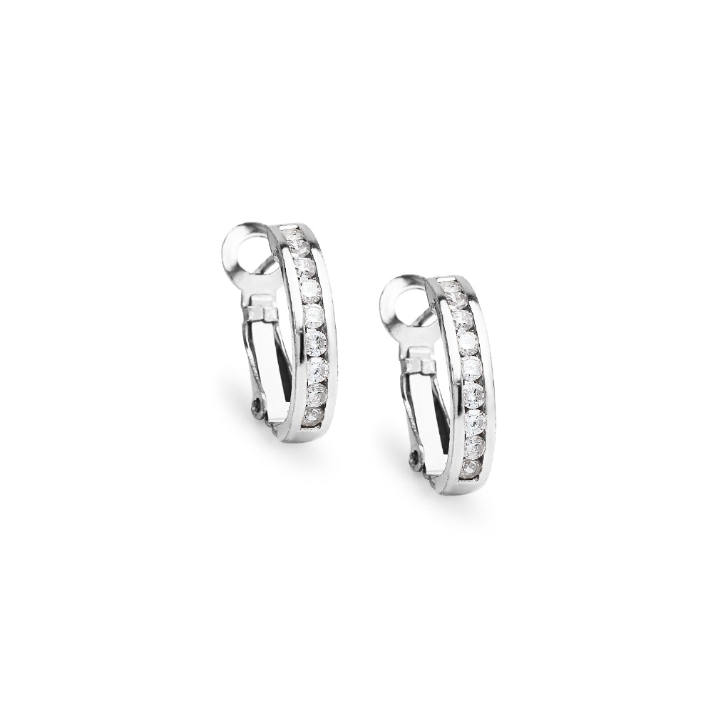 Sterling Silver Cubic Zirconia 18mm Clutchless Channel Set Oval Half Hoop Earrings