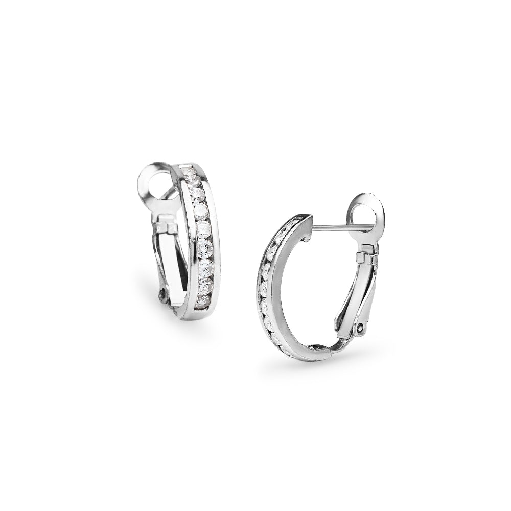 Sterling Silver Cubic Zirconia 18mm Clutchless Channel Set Oval Half Hoop Earrings-2