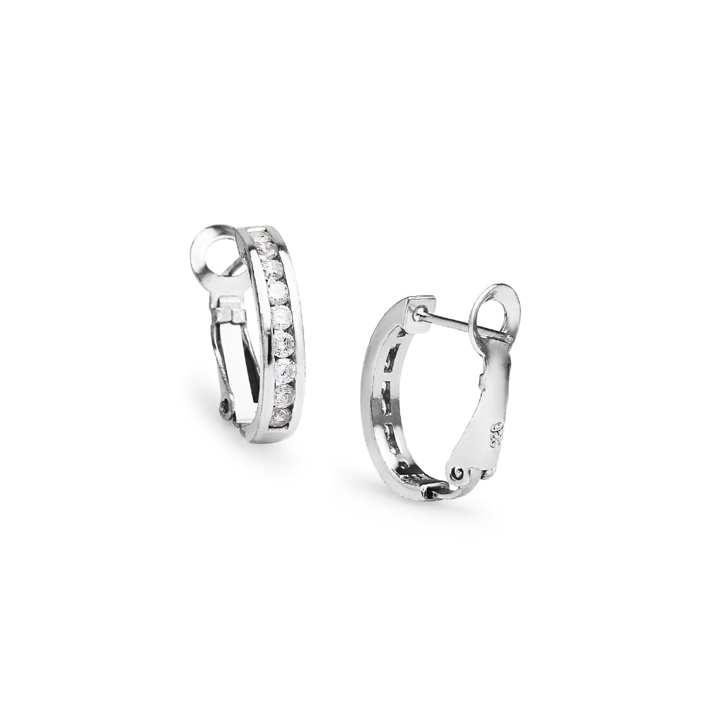 Sterling Silver Cubic Zirconia 18mm Clutchless Channel Set Oval Half Hoop Earrings-3
