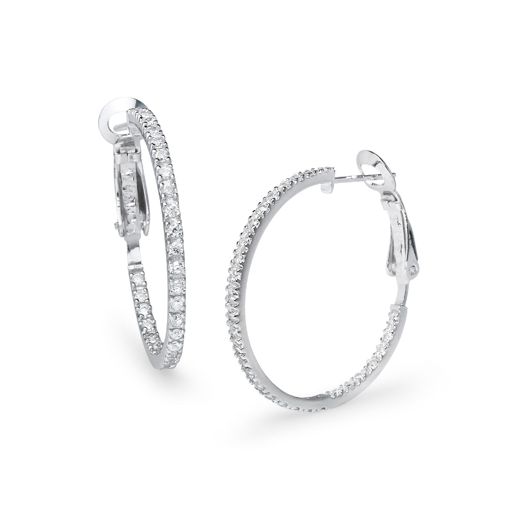 Sterling Silver Cubic Zirconia Inside Out 2x30mm Clutchless Round Hoop Earrings-2